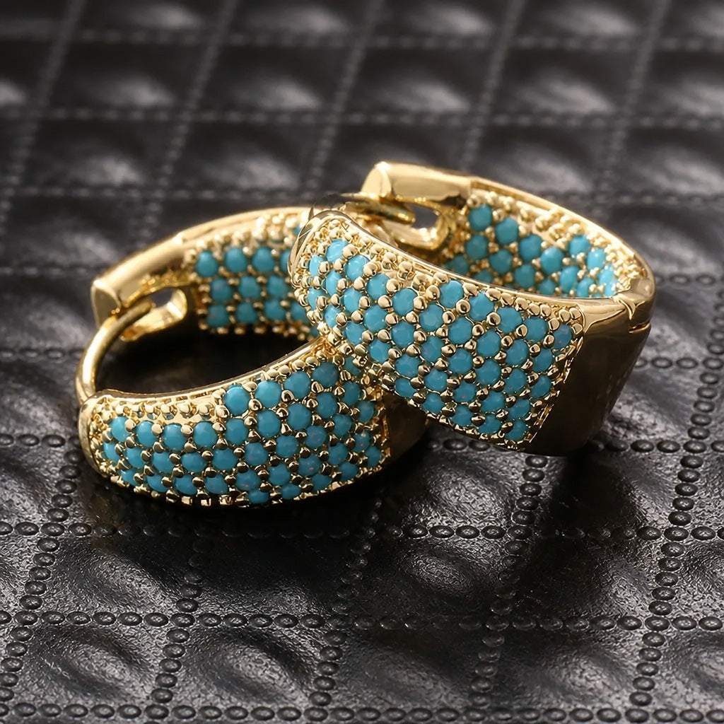 Golden Tone Turquoise Beaded Hoop Earrings