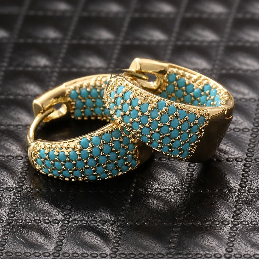 Golden Tone Turquoise Beaded Hoop Earrings