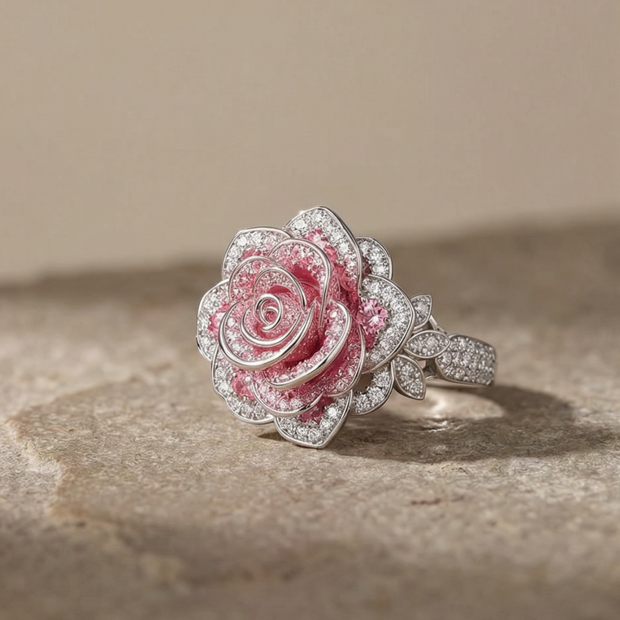 Exotic Silver-Plated Ring with Pink Flowers