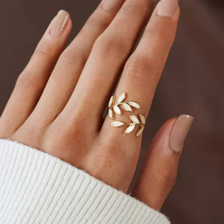 Pure White Opal Leaf Adjustable Ring
