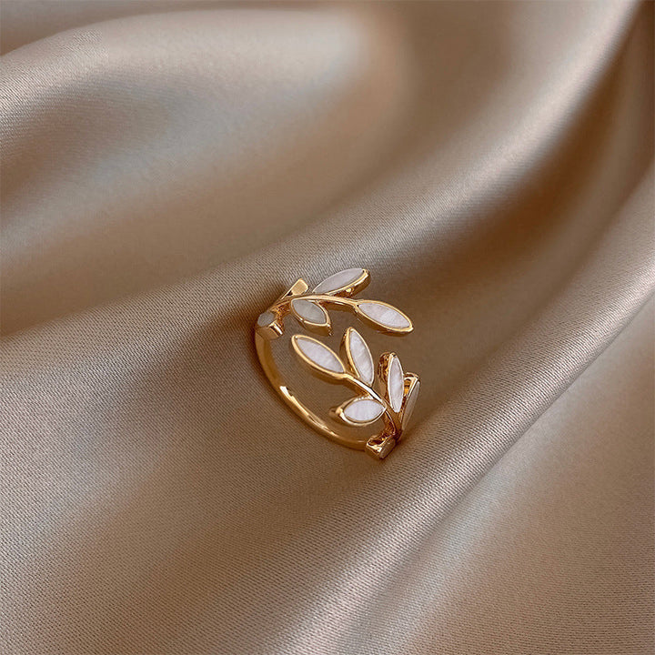 Pure White Opal Leaf Adjustable Ring