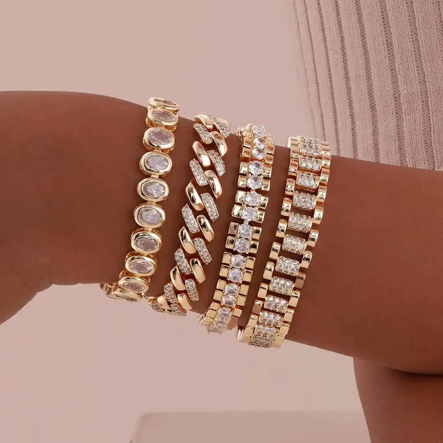 Gold Chunky Cubic Zirconia Adjustable Bracelet Set