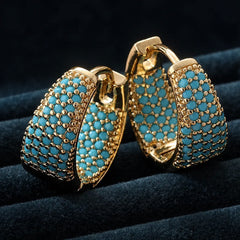 Golden Tone Turquoise Beaded Hoop Earrings