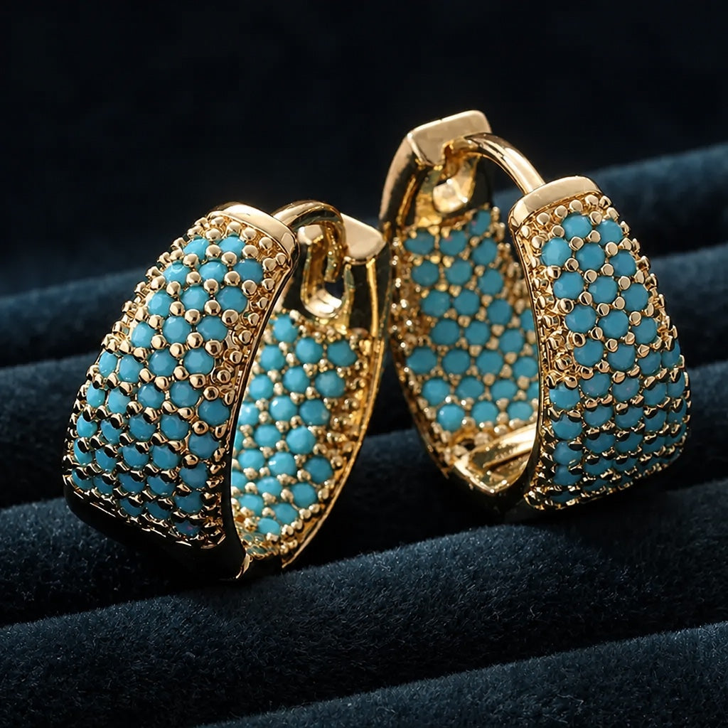 Golden Tone Turquoise Beaded Hoop Earrings