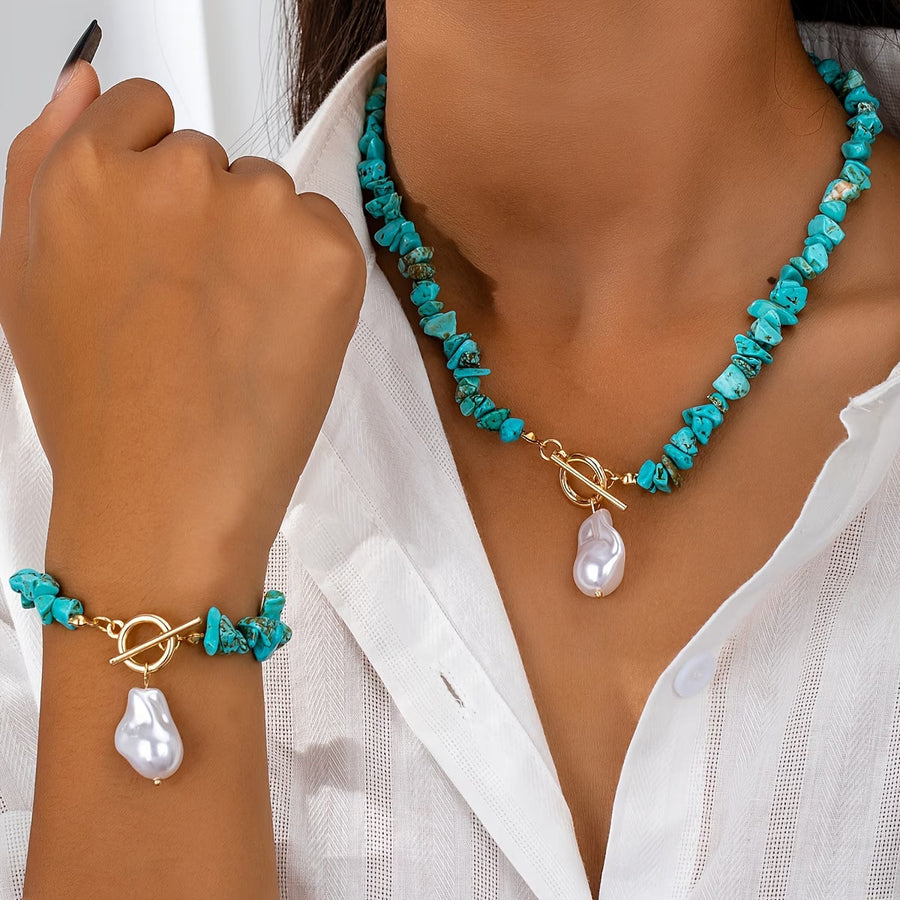 Turquoise Pearl Necklace Bracelet Set