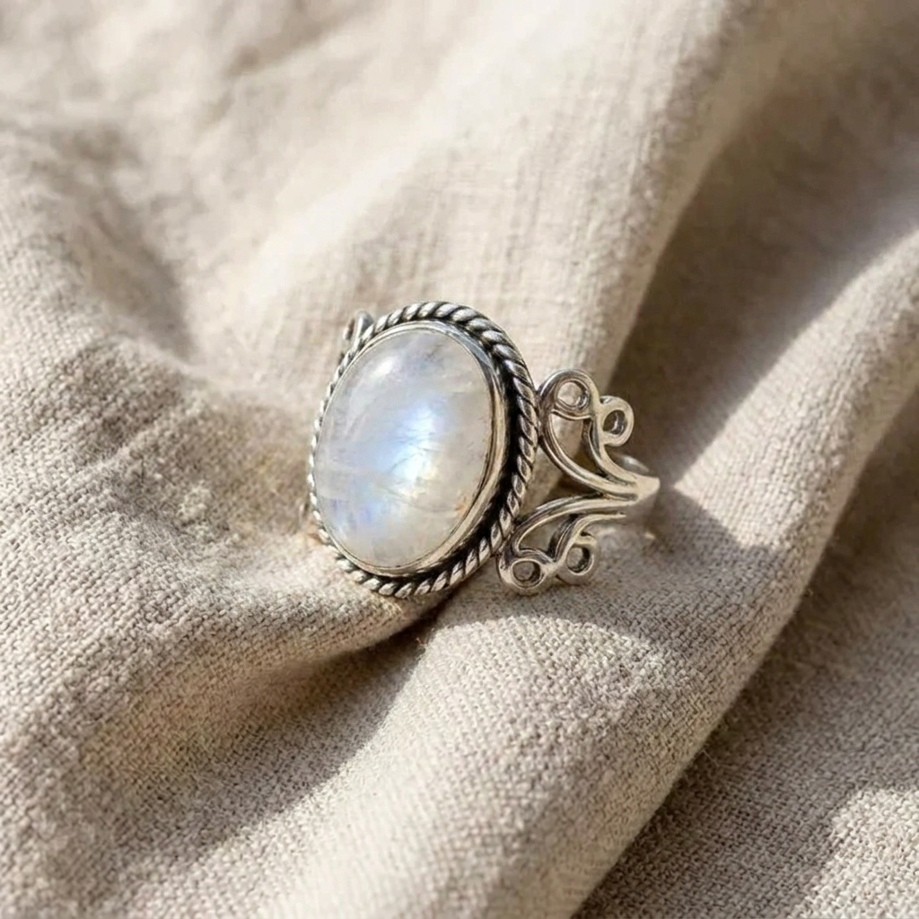 Oval Moonstone Ring with Scroll Band