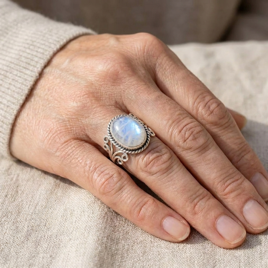 Oval Moonstone Ring with Scroll Band