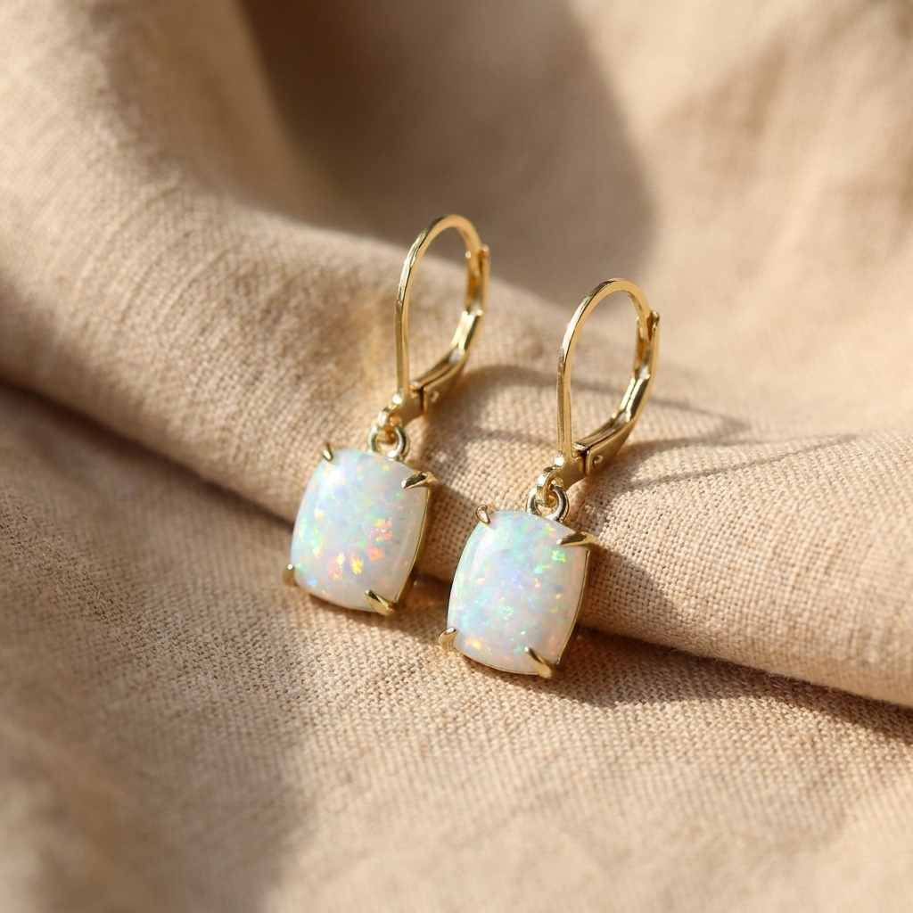 Vintage White Opal Square Earrings