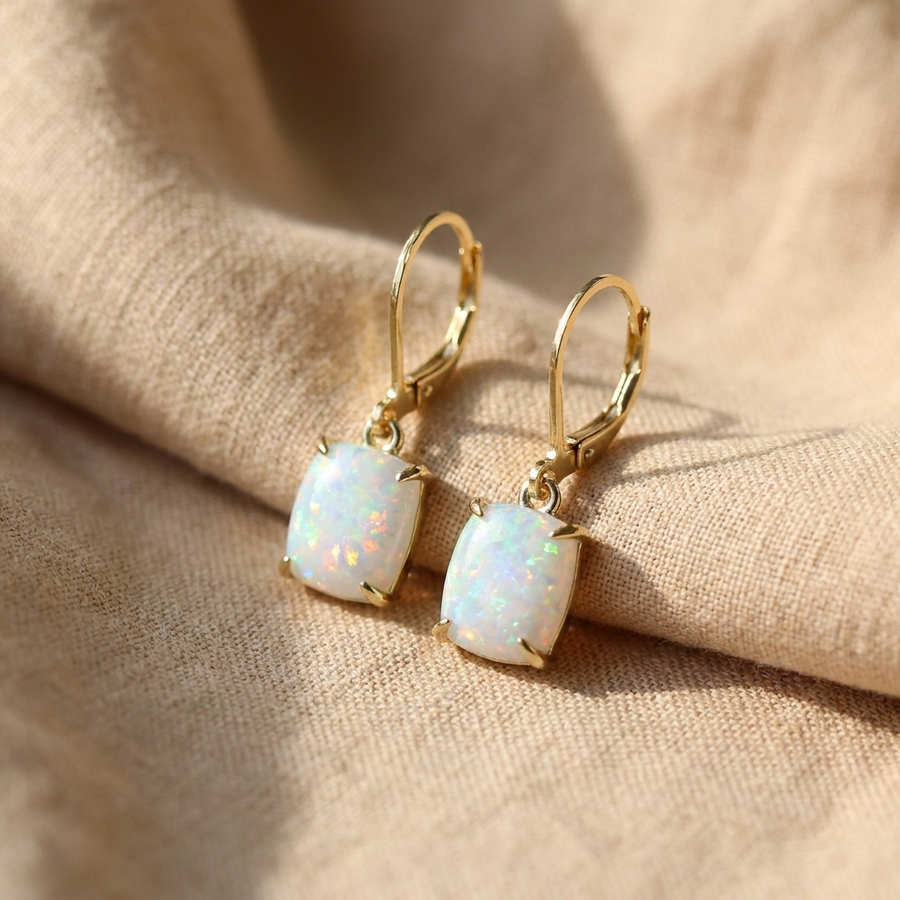 Vintage White Opal Square Earrings