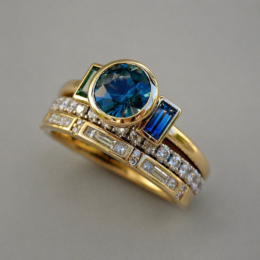 Vintage Gold Blue Ring Set