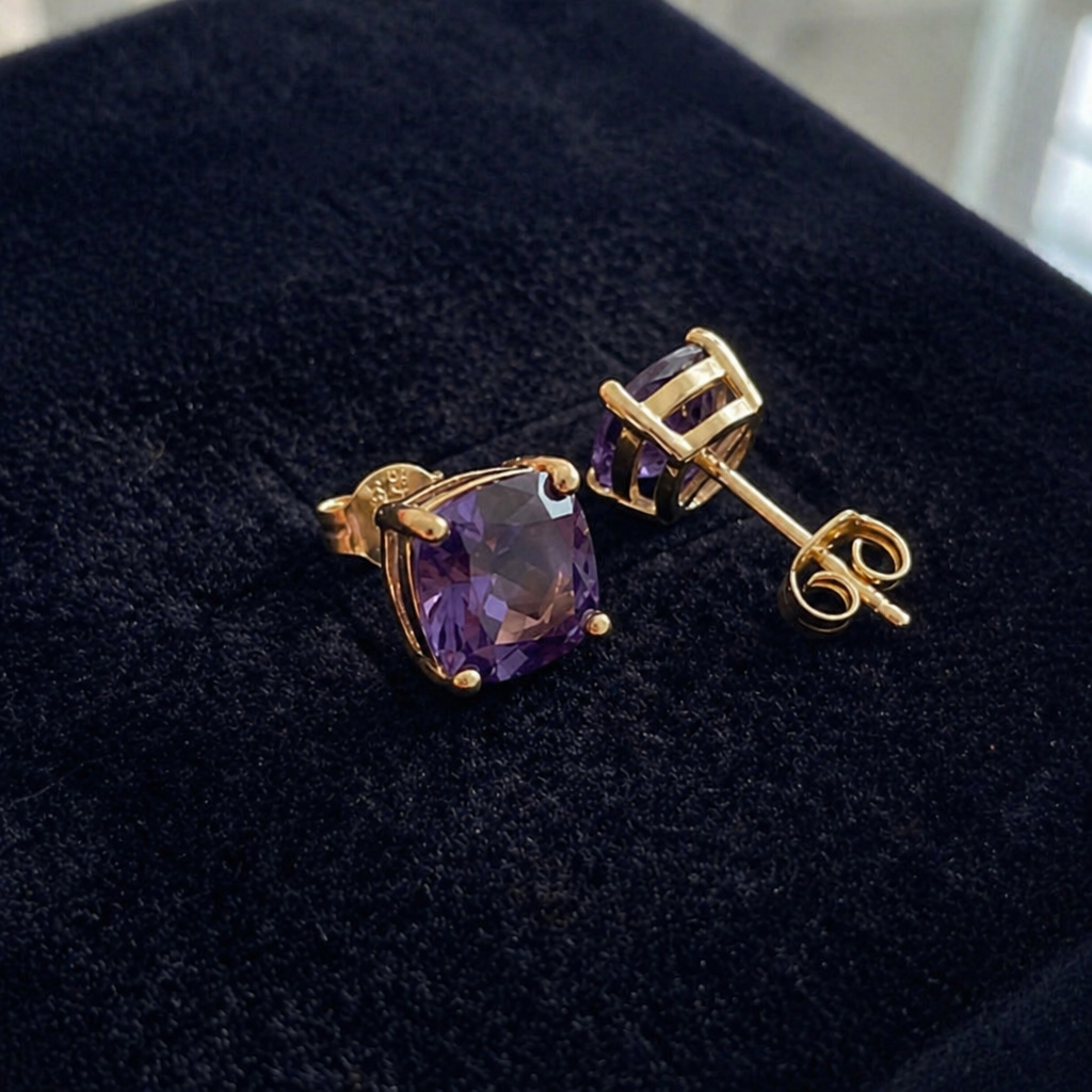 Amethyst Square Gold Studs
