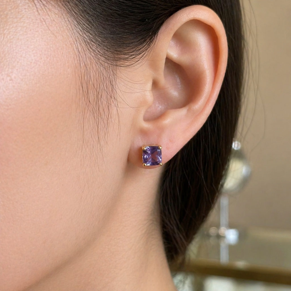 Amethyst Square Gold Studs